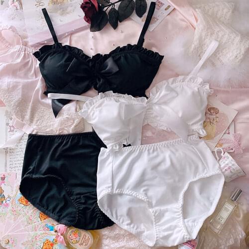 Japanese underwear sweet solid color black and white bowknot tube top big chest small no steel ring bra set high waist panties