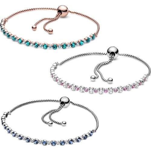2020 Summer New High-quality Original 1:1 Sterling Silver 925blue And Clear Rose Turquoise Sparkling Slider Tennis Bracele