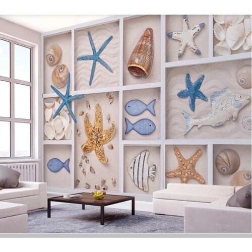 Papel de parede Starfish sand fish conch lattice 3d Mediterranean wallpaper,living room children bedroom kitchen bathroom mural