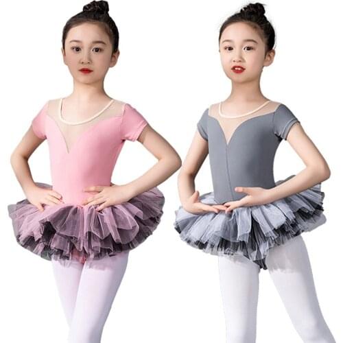 Girls Short-Sleeve Full Tulle Leotard Ballet Dance Dress Children Tutu Skirted Dress Ballerina Costumes Kids Performance Wear