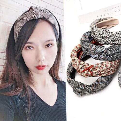 Korea Wide Side Headband Cross Knotted Plaid Pattern Hair Hoop For Women Hairband Sweet Girls Headbands Outdoor Hair Accessori