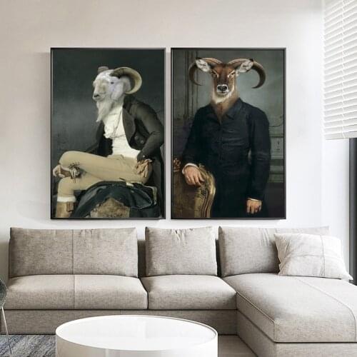 Retro Nostalgia Gentleman Canvas Painting Wall Art Goat Animal Posters And Prints Wall Animals Pictures for Living Room Decor