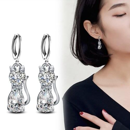 KOFSAC New Fashion Cute Cat 925 Sterling Silver Jewelry Sets Pendant Necklace & Earring Luxury Crystal Earrings For Women Gifts