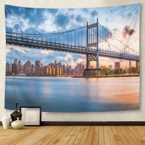 Blue Landscape Robert F Kennedy Bridge Aka Triboro at Sunset in Queens New York City USA Tapestry Wall Hanging for Living Room
