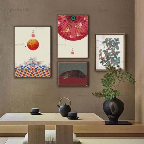 Vintage Japanese Style Art Posters Red Sun Rainbow Landscape Canvas Painting Wall Art Prints Pictures Living Room Home Decor