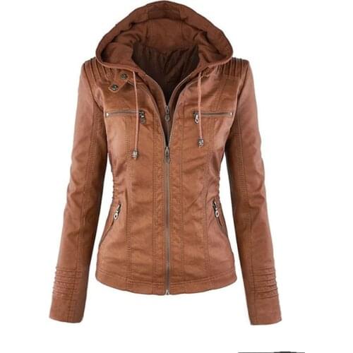 2020 New Autumn Winter Women Faux Soft Leather Hooded Jackets Fashion Lady PU Short Coats Zipper Epaule Motorcycle Streetwear