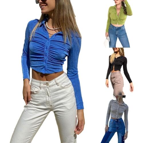 Women Close-fitting Solid Color Shirt, 2021 spring and Autumn Period Long Sleeve Turn-down Collar Tops, Blue/ Black/ Green/ Grey