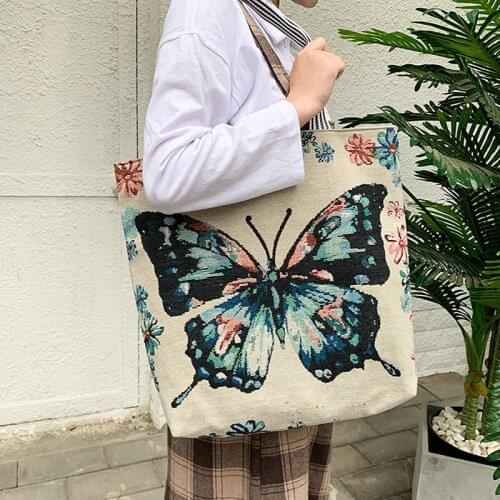 Female Butterfly Printing Shoulder Bag Tote Harajuku Shopper Bag Canvas Large-capacity Reusable Ladies Bags