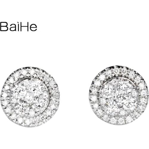 BAIHE Genuine Solid 14K White Gold 0.38ct H/SI Natural Diamond Stud Wedding Trendy Fine Jewelry 3 Ways To Wear Earrings Women