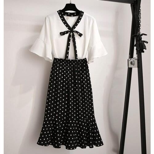 Large Size Womens Summer Clothing 2020 New Temperament Suit Lace Up Shirt And Skirt Fashionable Printed Dot Two-piece Suit K824