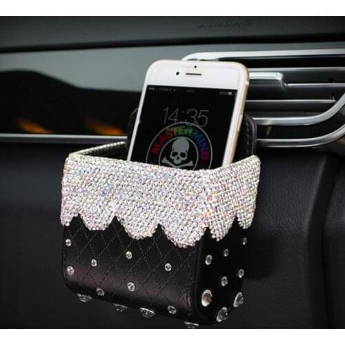 Car air outlet storage bag storage box car mobile phone bag rhinestone storage bag hanging bag universal car interior supplies