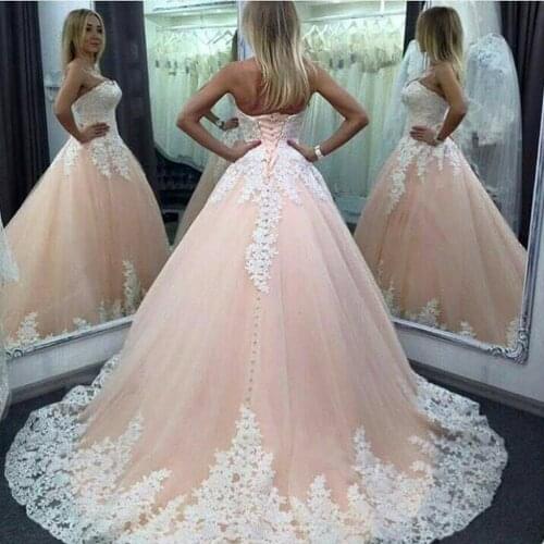 White Lace Pink Wedding Dresses Plus Size Vestido de Noiva 2019 Ball Gown Bride Dresses Sweetheart Wedding Gowns Corset Back