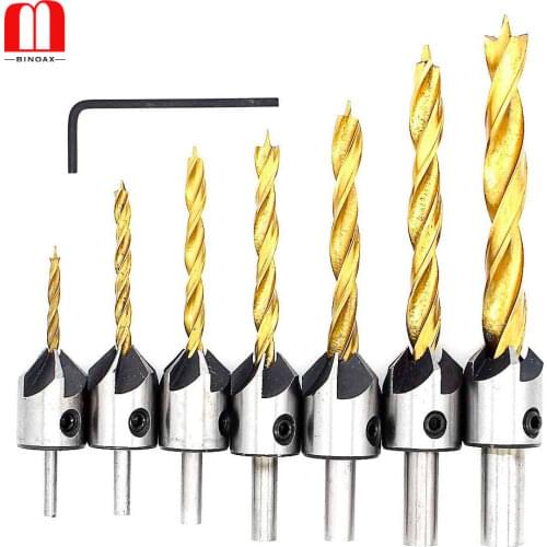 BINOAX 4/7 Pcs Round Shank Titanium Coating HSS Countersink Drill Bit Carpentry Chamfer Boring Woodworking Tools