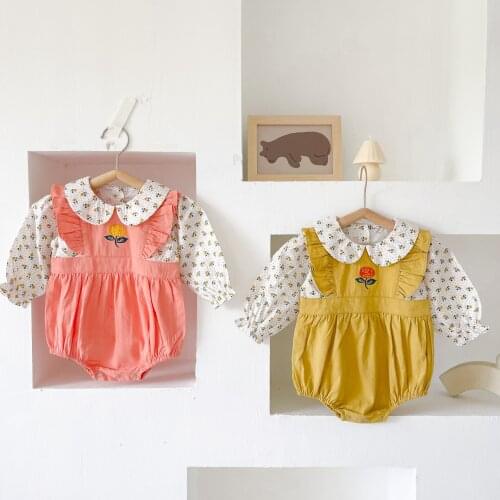 Baby Girl Clothes Long Sleeve Floral Candy Color Boydsuit Spring Autumn Toddler Girls Peter Pan Collar Infant Overalls Outfits
