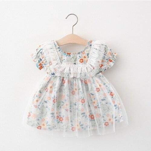 2021 Summer Baby Girls Short Sleeve O Neck Vintage Floral Print Ruffles Lace Princess Party Cute Kids Dress Vestidos