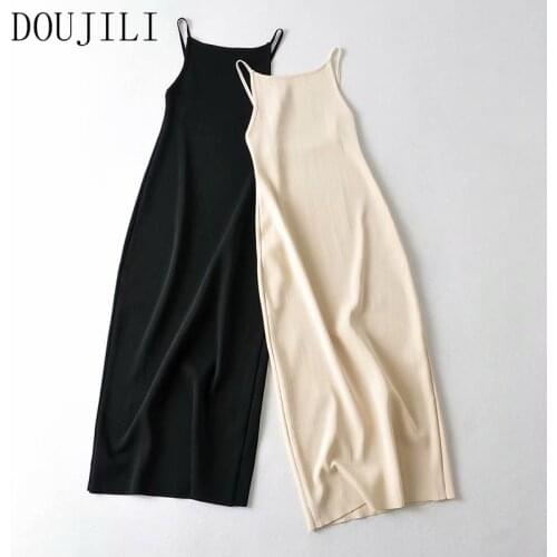 DOUJILI Long Dress For Women Solid Color Black Cream Color Sleeveless Backless Soft Stretch Summer Dress Casual Wear