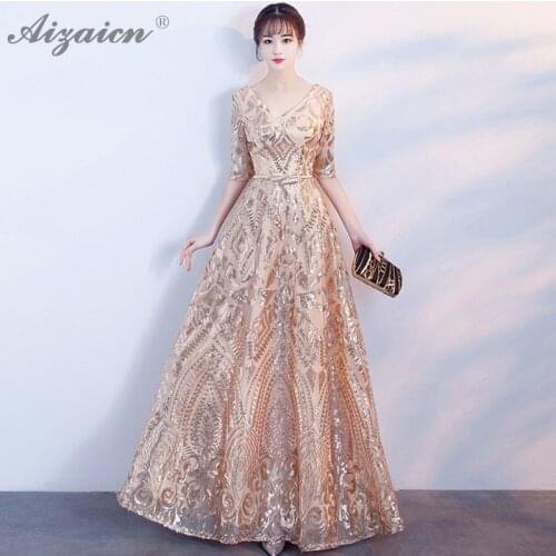 Luxury Sequin V Neck Long Cheongsam Gold Evening Dresses Qi Pao Women Chinese Traditional Clothing Orientale Host Dress Qipao