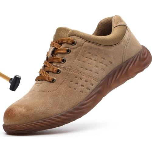 Mens Breathable Outdoor Pig Suede Leather Steel Toe Cap Work Boots Men Anti-slip Puncture Proof Construction Safety Shoes