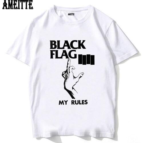 New Summer Fashion Men Short Sleeve Black Flag - My Rules T-Shirt Funny Boy Casual Tops Hipster Cool Man Letter White Tees