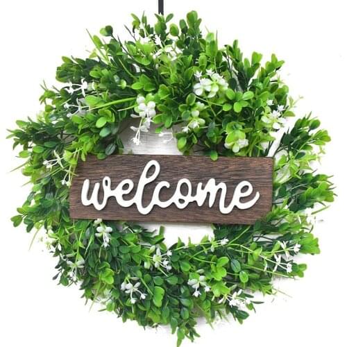 Artificial Boxwood Wreath,Welcome Wreath with Wooden Welcome Sign Leaf Wreath for Front Door Window Home Decoration