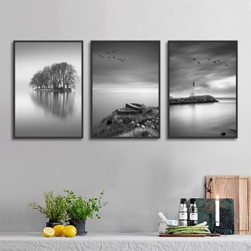 Nordic Landscape Painting Black and White Lake Scenery HD Printed Picture for Living Room Home Decoration Wall Art Poster