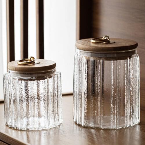 Coffee Jar, Glass Tea Jar, Transparent Petals, Vertical Stripes, Canned Tea, Bamboo Lid, Household Candy Storage, Sealed