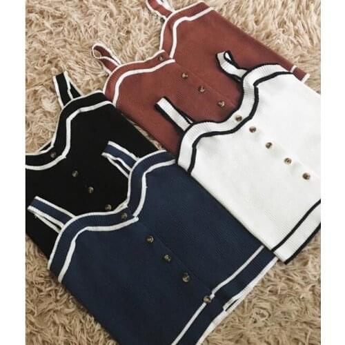 Summer Solid Color Basic Simple Brief Sexy Slim Sleeveless Halter Top Knitted Thread Bow Twist Front Camis Tank