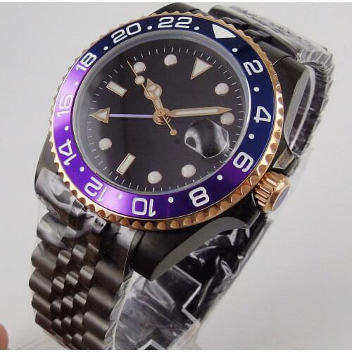 40mm Black Dial jubilee Strap PVD GMT Date Indicator Sapphire Glass Automatic Mens Watch Wristwatch