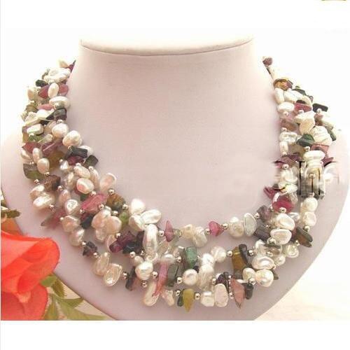 Perfect Handmade Luck Pearl Jewellery,White Reborn Keshi Pearls Natural Tour-maline Necklace,New Free Shipping