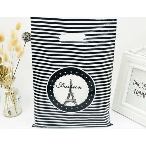 25*35cm Black White Stripe Tower Design Plastic Gift Bag Clothing Shop Packaging Bag Big Plastic Shopping Bags With Handle 50pcs