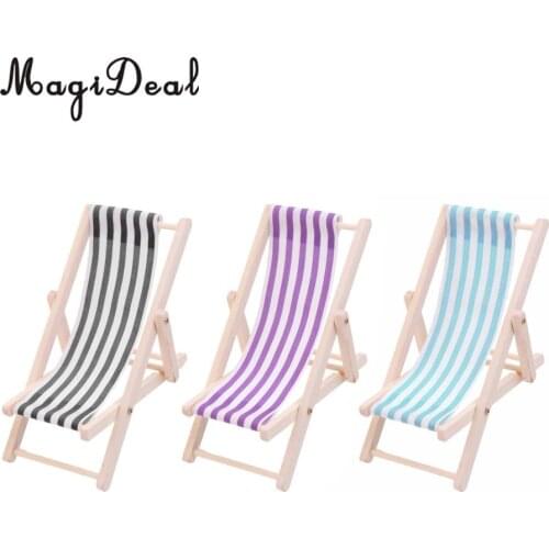 Striped Wooden Beach Garden Lounge Chair Deckchair for 1/12 Dollhouse Miniature Furniture Acc Children Toys