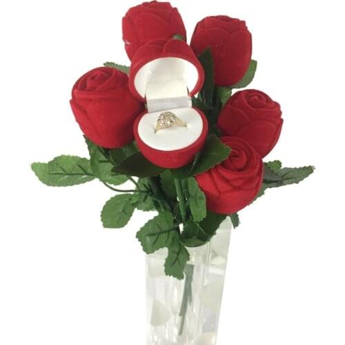 Romantic Red Roses with Branches Leaves Engagement Wedding Ring Box Ring Storage Packaging Gift Case Jewelry Hand Jewelry Props