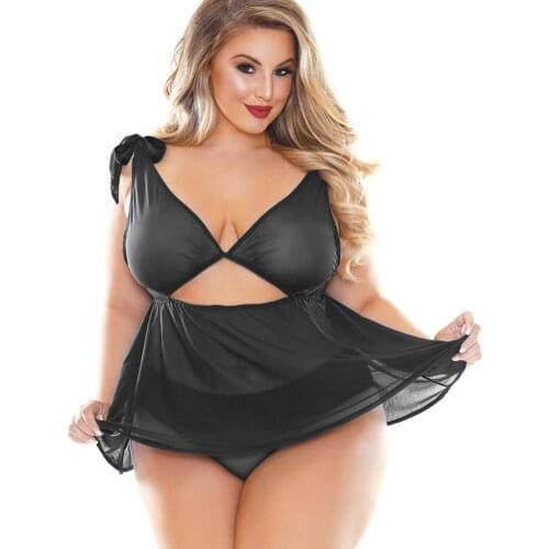 Sexy Spaghetti strap Mesh Sheer Plus Size Short Women Nightdress suit Backless Sleepwear Hollow out Nightdress suit With Thong