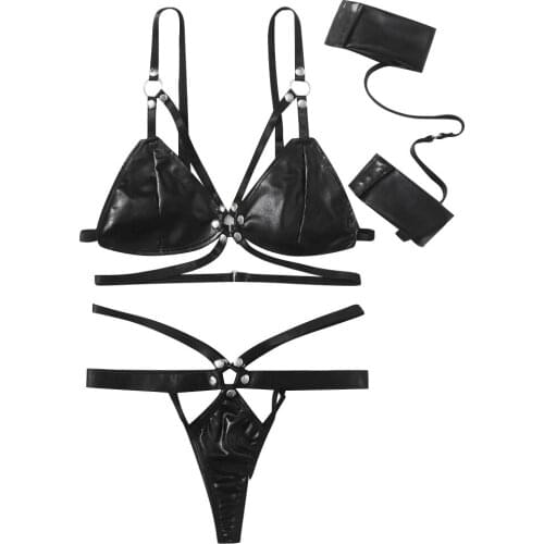 SEOBEAN Sexy Leath Underwear Women Erotic Lingerie Female Sleepwear Artificial Leather Bras Panties Handcuffs Exotic Sets