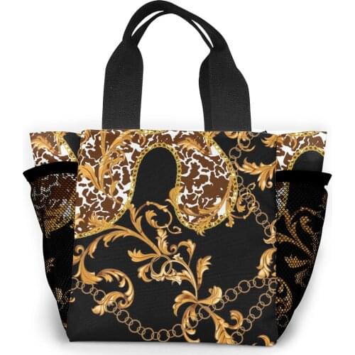 Golden Baroque Pattern Print Shopping Shoulder Bag Small Canvas Handle Bag Canvas Shopper Handbag Women Eco Mini Grocery Totes