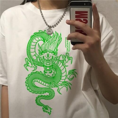 Chinese dragon printing large size loose T-shirt women summer vintage Harajuku dragon pattern shirt streetwear womens clothing