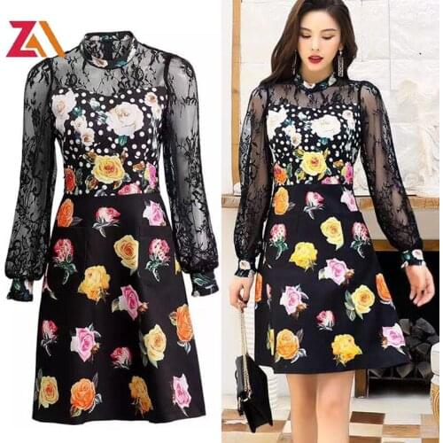 ZALady Summer Fashion Designer Elegant Party Dress Women Long sleeve Luxury Lace Mesh Patchwork Flower Print Mini Dresses femme
