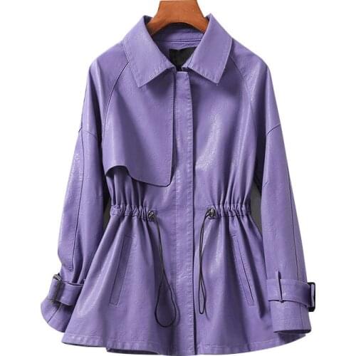 Spring Black Short Faux Leather Jacket Women Drawstring Long Sleeve Zipper Fall 2021 Soft PU Leather Jackets 4XL e262