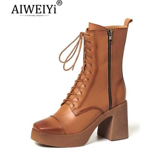 AIWEIYi Martin Boots Women Cow Leather Lace Up High-Heeled Short Boots Square Toe Black Brown Platform Single Boots