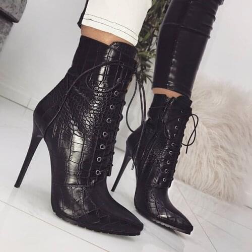 Snakeskin grain Ankle Boots For Women High heels Fashion Pointed toe Ladies Sexy Chelsea Boots Vogue Nice Lace-Up Boots