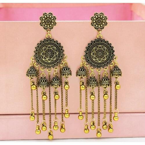 Boho Vintage Indian Jhumka Big Bells Tassel Drop Earrings for Women Ethnic Flower Carved Statement Earring Jewelry 2019