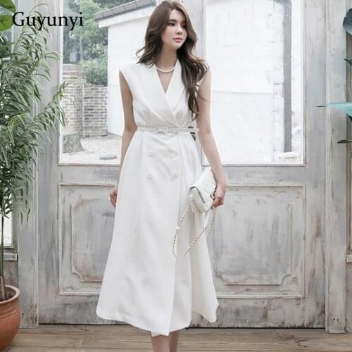 White Elegant Office Dress 2021 Summer Notched Neck Sleeveless High Waist Delivery Belt Double Breasted Womens Party Dress