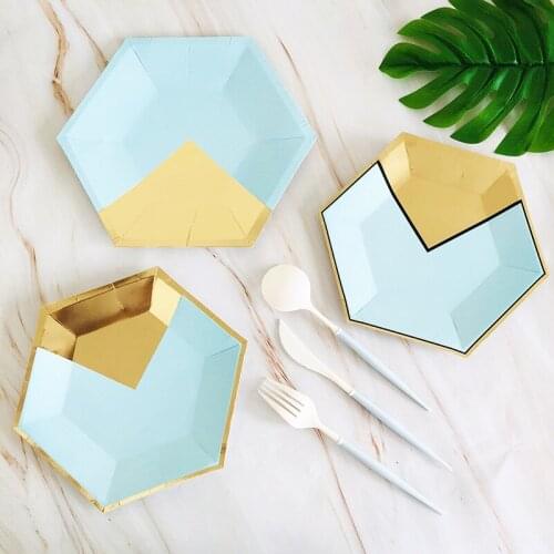 Gold Blue Party Disposable Tableware Paper Plate Cups Straws Kids Birthday Baby Shower Party Wedding Decor Supplies