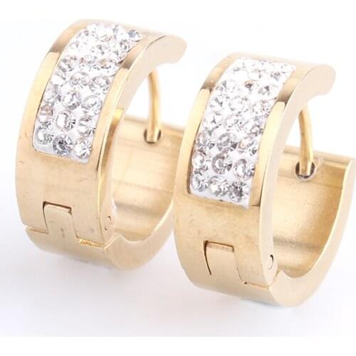 7mm gold color three row crystal 316L Stainless Steel Stud Earrings for women men wholesale