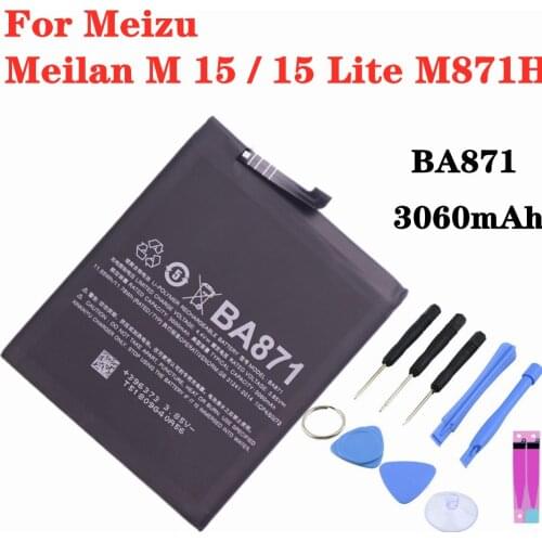 BA871 Battery For Meizu Meilan M 15 / 15 Lite M871H Phone Battery 3060mAh High Capacity Replacement Batteries + Tools