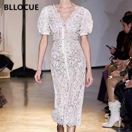 BLLOCUE 2020 Summer New White Lace V-neck Drill Buckle Slim Dress Women Puff Sleeve Sexy Hollow Out Elegant Party Dress