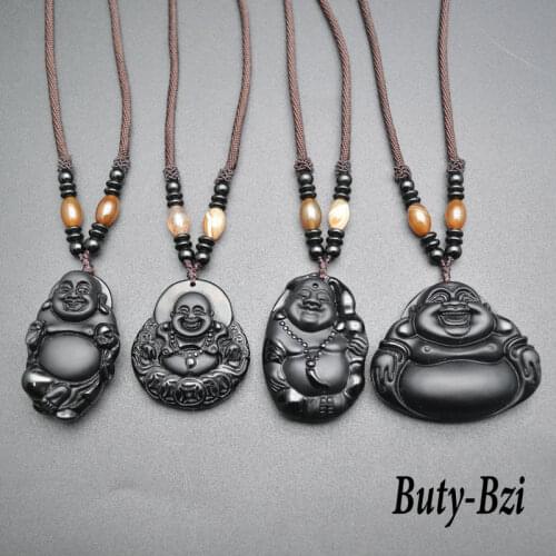 Natural Black Obsidian Stone Carved Laughing Buddha Shape Pendant Rope Chains Necklace Fashion Jewelry