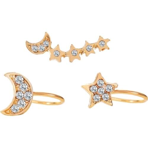 Fashion Hot Sale Set Without Pierced Earrings Full Rhinestone Star Moon 3 Piece Ear Clip Female Trend Earring Friends Gift