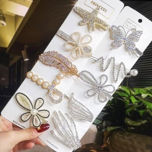 Korean Shiny Crystal Hair Clips Set Fashion Side Clips For Women Girl Pearl Rhinestone Hairpin For Hair Accessories 2021 Trendy