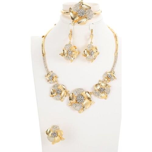 Fashion Dubai women luxury gold color Jewelry set Nigeria African necklace bracelet earrings ring set wedding Party gifts orname